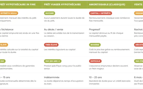 Tableau comparatif des types de prêt hypothécaire : mensualités, remboursement, coût, accessibilité seniors et durée. Un prêt hypothécaire banque est présenté.