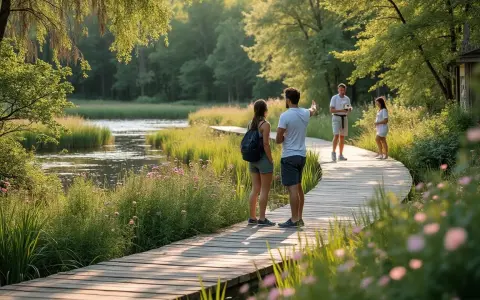 Promenade en bois dans une zone naturelle luxuriante. La jurisprudence construction en zone naturelle est respectée, permettant l'accès à ce paysage paisible.