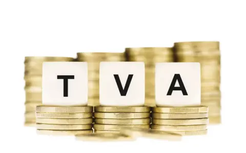Piles de pièces d'or symbolisant la croissance, avec les lettres "TVA" sur des cubes. Idéal pour illustrer la récupération TVA LMNP.