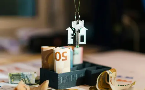 Clé d'une maison miniature suspendue au-dessus de billets d'euros roulés, symbolisant l'estimation taxe foncière.