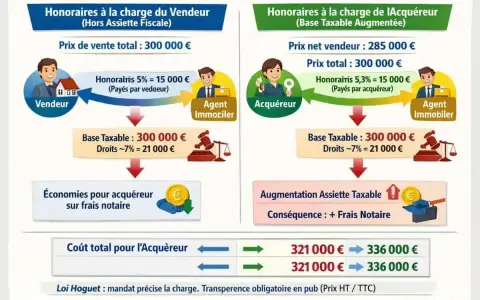 Comparaison des calculs de frais d'agence immobilière : honoraires à la charge du vendeur vs. acquéreur, impact sur le coût total.