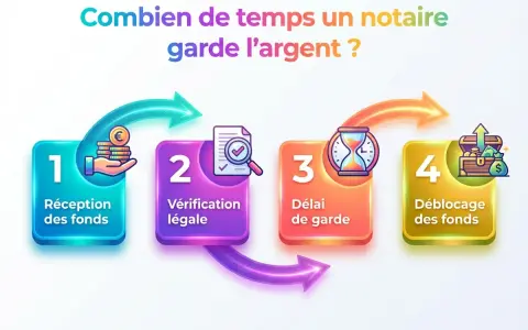 Schéma : réception fonds, vérification légale, délai de garde, déblocage fonds. Le délai paiement après signature acte de vente est illustré.