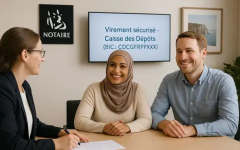 Un couple discute avec un notaire. Le notaire explique à quoi sert son rôle, notamment pour sécuriser des transactions.