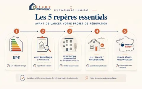 Les 5 étapes clés pour un projet de pret renovation habitat réussi : DPE, audit énergétique, vérification copropriété, PLU/façade, et aides France Rénov'.