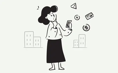 Femme perplexe devant son téléphone, entourée d'icônes : argent, carte, croix, alerte. Elle semble gérer une assignation au tribunal pour loyers impayés.