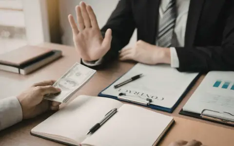 Un homme en costume refuse de l'argent, peut-être pour éviter des refus de banque pour annuler un compromis.