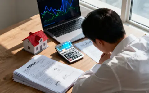 Un homme examine des documents de contrat de prêt immobilier, une calculatrice et un modèle de maison sur son bureau.