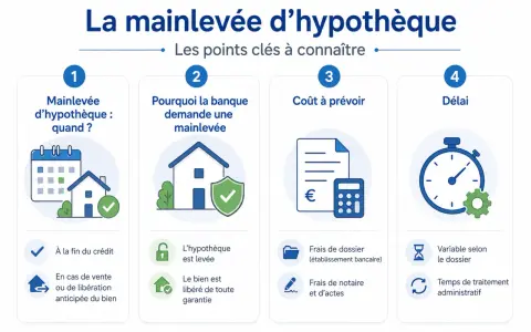 Infographie expliquant la levée d'hypothèque automatique : quand, pourquoi, coût et délai.