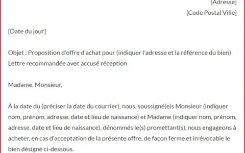Exemple d'offre d'achat immobilier. Ce document officiel détaille une proposition ferme et irrévocable pour l'acquisition d'un bien.