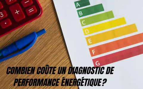 Calculatrice, stylo bleu et étiquette énergétique. Le prix d'un diagnostic de performance énergétique est une question clé.