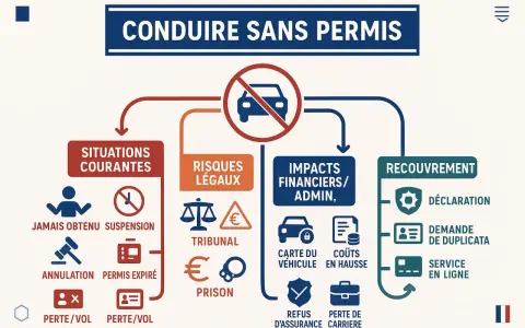 Infographie sur les risques de conduire sans permis : situations courantes, risques légaux, impacts financiers et recouvrement. Pas de permis, pas de préau !