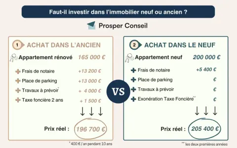 Comparaison des frais de mutation immobilier : ancien vs neuf. L'ancien coûte 196 700€, le neuf 205 400€.