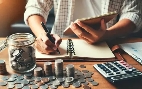 Une personne compte des pièces dans une tirelire, calculant un prêt de 60 000 euros.