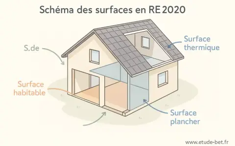 Schéma RE 2020 : la surface habitable d'une maison est délimitée.