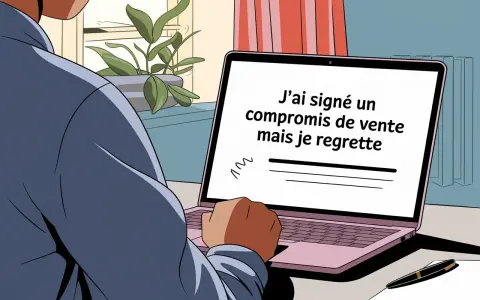 Un homme regarde son ordinateur portable affichant "J'ai signé un compromis de vente mais je regrette". Il semble avoir des remords.