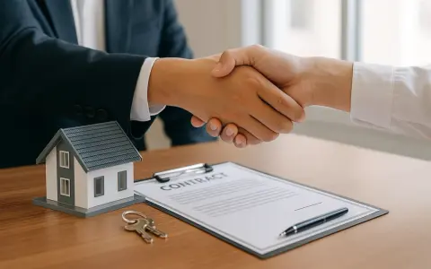 Poignée de main sur un contrat, avec une maquette de maison et des clés. Accord pour louer sa résidence principale.