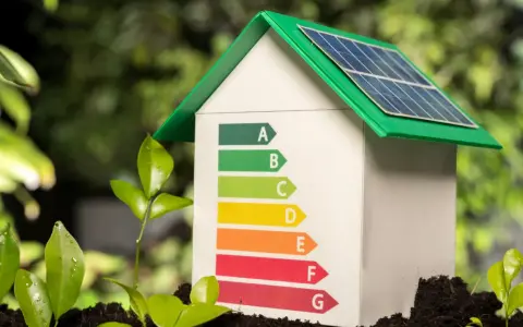 Maisonnette avec panneaux solaires et étiquette énergie. Idéal pour un DPE location saisonnière, symbolisant l'écologie et la performance.