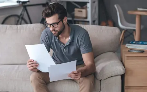 Homme concentré sur des documents, peut-être pour un crédit immobilier interimaire, assis sur un canapé.