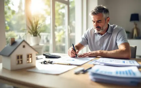 Homme calculant sa capacité emprunt investissement locatif. Maquette de maison, calculatrice et documents sur la table.