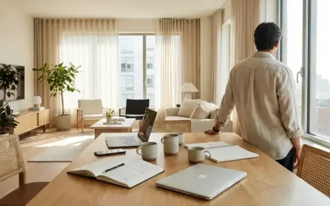 Un homme regarde par la fenêtre d'un appartement lumineux. Sur la table, des ordinateurs portables et des carnets suggèrent la signature d'un pap contrat de location meublé.