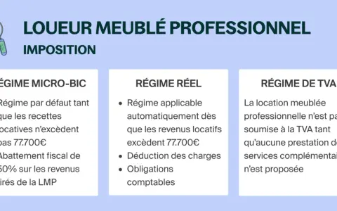 Schéma comparatif des régimes fiscaux pour un loueur en meublé professionnel : Micro-BIC, Réel et TVA.