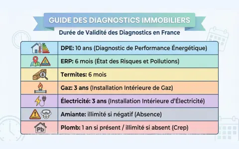 Guide des diagnostics immobiliers : durée de validité des DPE, ERP, termites, gaz, électricité, amiante et plomb. Un diagnostic immobilier offert par agence.
