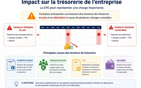 La CFE et les charges sociales pèsent sur la trésorerie en juin et décembre. L'image montre les causes des tensions : acomptes fiscaux, cotisations sociales, TVA et salaires.