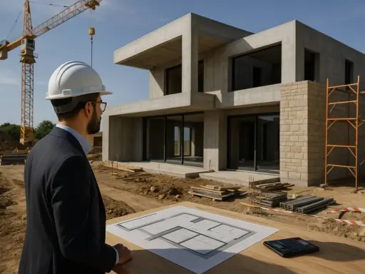 Un maître d'œuvre supervise la construction d'une maison moderne en béton, avec un plan sur la table.