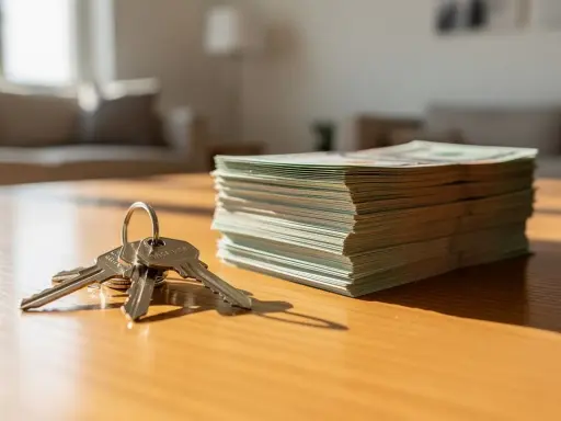 Un trousseau de clés et une pile de billets de banque, symbolisant le **chèque de caution** pour un nouveau logement.