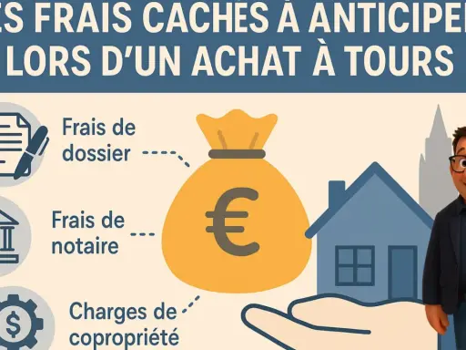 Illustration sur les frais cachés d'un achat immobilier à Tours : frais de dossier, notaire, et charges de copropriété. Un homme joyeux pointe vers une maison.