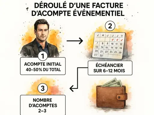 Schéma d'une facture avec un acompte initial de 40-50%, un échéancier sur 6-12 mois et 2-3 acomptes.