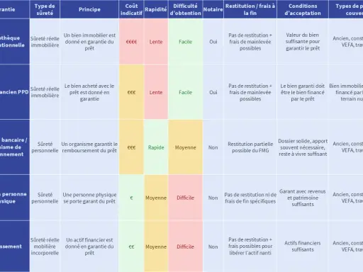 Tableau comparatif des garanties de prêt immobilier : hypothèque, caution, nantissement. Détaille la restitution des frais de garantie.