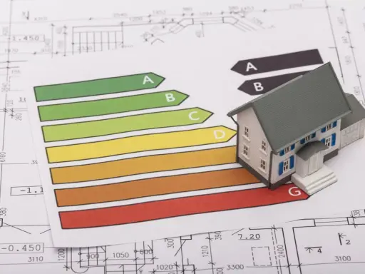 Maquette de maison ancienne sur des plans, avec un barème DPE. Le prix d'une maison ancienne dépend de sa performance énergétique.