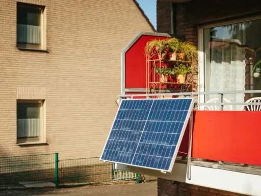 Panneau solaire sur un balcon rouge, peut-être pour contester une augmentation de loyer liée au DPE.