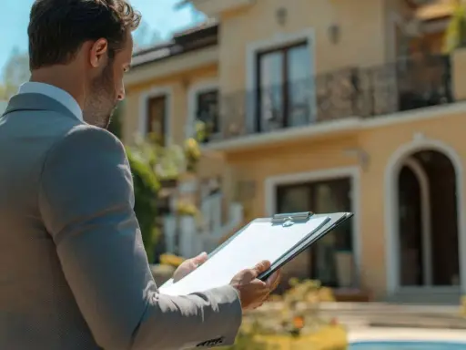 Agent immobilier évaluant la valeur locative d'un bien. Il tient un dossier devant une villa jaune.