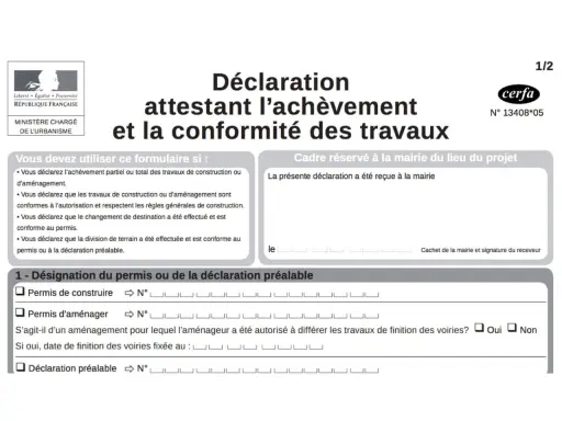 Formulaire Cerfa pour une déclaration attestant l'achèvement et la conformité des travaux d'une maison.