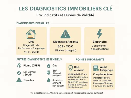 Tableau des diagnostics immobiliers : DPE, amiante, électricité, plomb (CREP), gaz, ERP, termites, assainissement. Prix indicatifs et durées de validité. Audit énergétique.