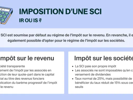 Calculatrice et texte sur l'imposition d'une SCI (IR ou IS). La SCI peut opter pour l'impôt sur les sociétés, optimisant la plus value immobiliere sci.