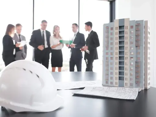 Maquette d'immeuble, plans et casque blanc sur une table. Des professionnels discutent, peut-être des travaux sur parties communes sans autorisation.