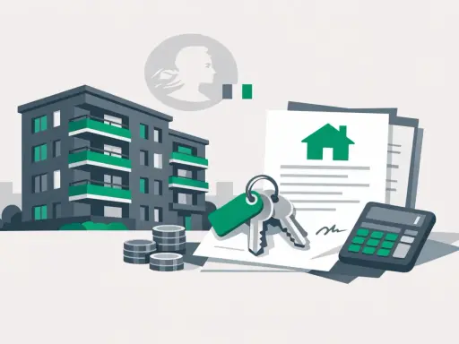 Immeuble, clés, contrat, calculatrice et pièces symbolisant le taux d'endettement pour un investissement locatif.
