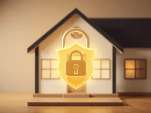 Maison sécurisée avec un cadenas doré sur un bouclier, symbolisant la protection et la confiance pour une lettre garant location.