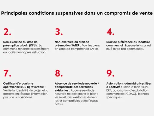 Liste des principales conditions suspensives dans un compromis de vente : obtention de prêt, non-exercice du droit de préemption, accord de tiers, etc.
