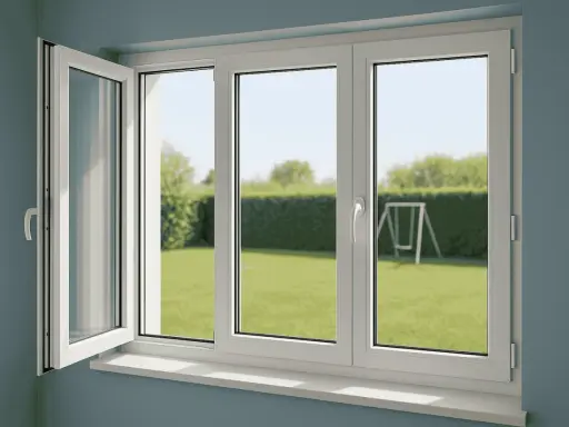Fenêtre PVC blanche ouverte sur un jardin verdoyant. Une obligation propriétaire changer fenêtres pour plus de confort et d'isolation.