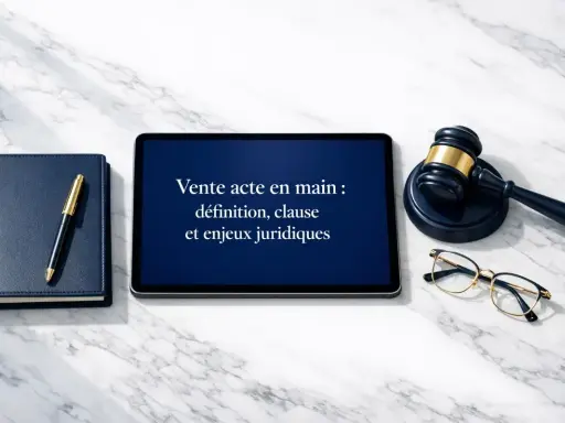 Tablette affichant "Vente acte en main : définition, clause et enjeux juridiques", à côté d'un carnet, d'un stylo, d'un maillet et de lunettes.