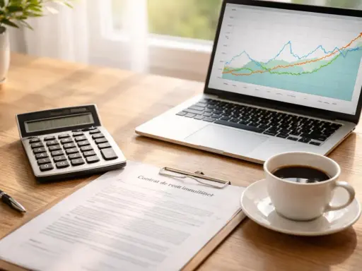Bureau avec calculatrice, contrat, tasse de café et ordinateur affichant des graphiques. Idéal pour planifier comment emprunter 120 000 euros sur 20 ans.