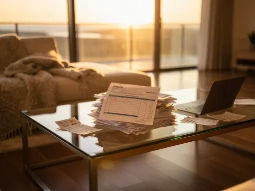 Pile de factures sur une table basse en verre, devant un canapé et de grandes fenêtres baignées de soleil. La scène évoque une résidence principale non habitée, peut-être en attente de gestion.