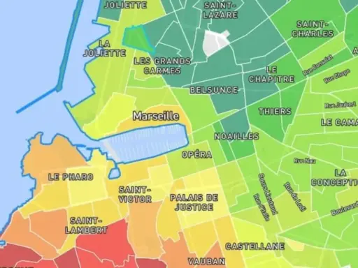 Carte des quartiers de Marseille, avec des couleurs indiquant des zones. La Joliette et Les Grands Carmes semblent être le meilleur quartier marseille.