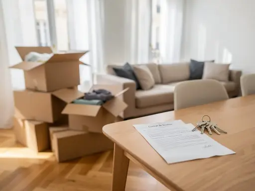 Clés et contrat de location sur une table en bois, cartons de déménagement empilés. Un nouveau départ dans une zone tendue.