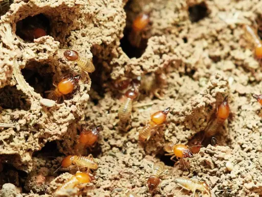 Termites dans leur nid. Un diagnostic termites positif nécessite une intervention rapide. Que faire si diagnostic termites positif ? Agissez vite !