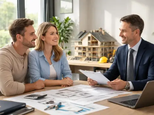 Couple souriant discutant avec un conseiller financier devant une maquette de maison. Ils s'informent sur le délai entre acceptation offre de prêt et déblocage des fonds.